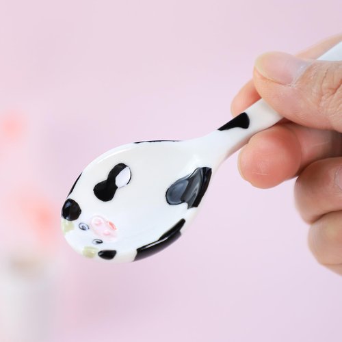 Bicuzat Ceramic Cow Pattern Measuring Spoons Set for Dry or Liquid with Measuring Cup Set, 4 PCS Kitchen Measuring Baking Spoons Cooking Measuring Spoons for Kitchen Baking Tool Utensil Set