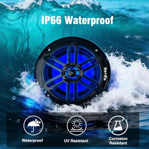 Herdio 8 Inch 450W Marine Coaxial Speakers with Blue LED Light - Black (Pair)