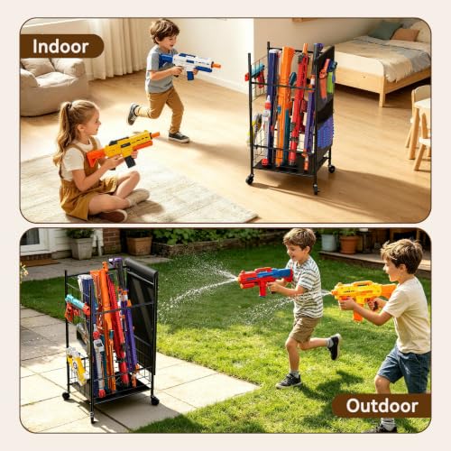 Black Toy Gun Storage Rack for Nerf Blasters - Heavy-Duty Organizer with Wheels, Medium