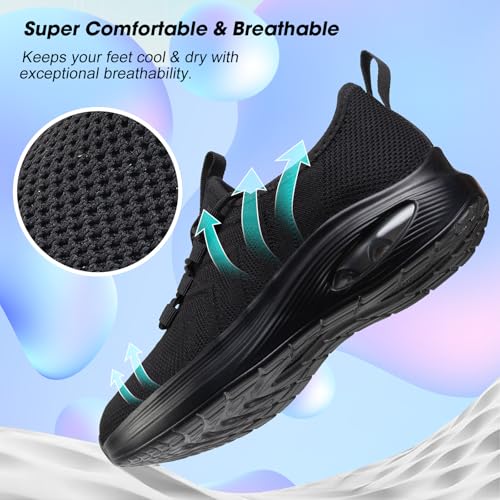 Wide Toe Box Shoes Women Extra Wide Sneakers Air Cushion Running & Walking Shoes - All Black 8-8.5 Wide
