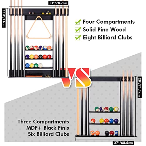 Black Pool Cue Rack Wall Mount for 8 Cues Billiard Accessories Storage
