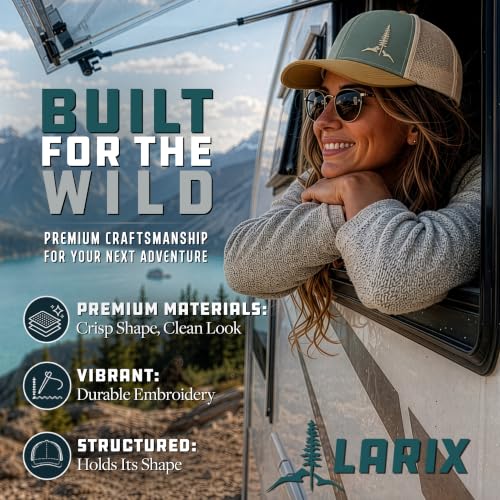 Larix Tamarack Mountain Mesh Snapback Trucker Hat Men Light Blue Amber Gold Beige - 2