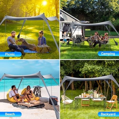 Gray 10x10FT Family Beach Tent Canopy Sun Shade with 4 Poles, Portable & Waterproof