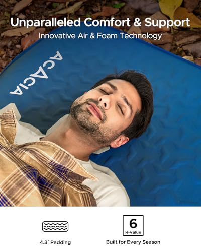 Blue Self-Inflating Sleeping Pad with Foam Support - 4 Inch Thick Camping Mattress, Portable Tent Bed