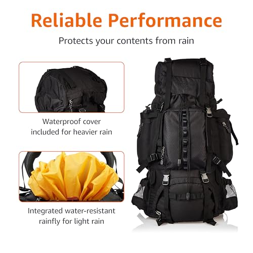 Amazon Basics 75L Internal Frame Hiking Backpack with Rainfly - Black