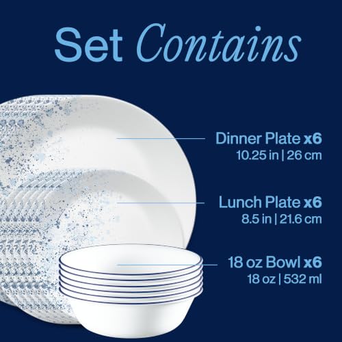 Corelle Vitrelle 18-Piece Dinnerware Set for 6 Indigo Speckle - Chip Resistant Lightweight Plates & Bowls