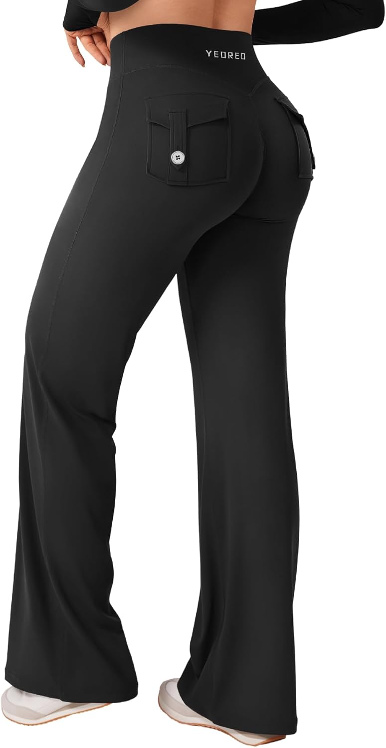 YEOREO High Waist Cargo Leggings for Women - Straight Leg Design with Pockets & No Front Seam