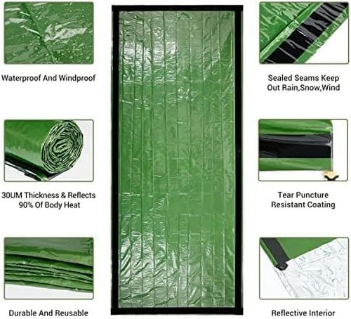 Emergency Sleeping Bag, 2 Pack Portable Thermal Bivy Sack, Waterproof Lightweight Emergency Blanket Survival Gear with Compass and Whistle for Camping Hiking Outdoor Adventure (Green, 2 Packs)