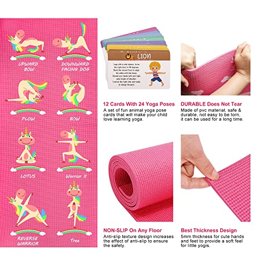 Kids Yoga Mat Set with Unicorn Pink Design, Non-Slip Exercise Mats & 12 Yoga Cards