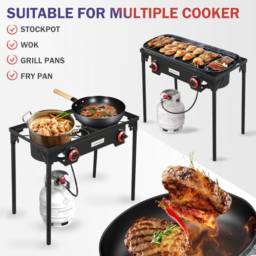 Propane Grill 2 Burner Outdoor Camping Stove - Portable Gas Cooker for Backyard BBQ and Camping - Double Burner