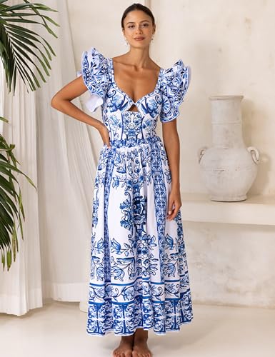 FLAXMAKER Blue & White Porcelain Pattern One-Piece Swimsuit with Skirt - Medium, Ruffle Design