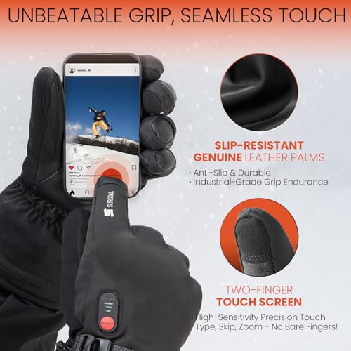SURGOAL Leather Heated Gloves for Men, 158°F Heating & 8H Battery Life, 7.4V Rechargeable Heated Gloves for Women, Waterproof & Touchscreen Ideal for Winter, Hunting, Motorcycle (PU-Black, L)