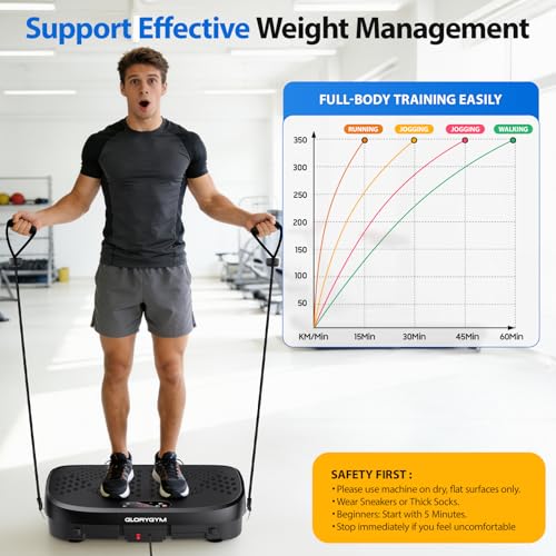 Glorygym Black Large Vibration Plate Exercise Machine for Weight Loss & Full Body Workout with Resistance Bands