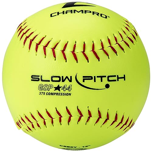 Champro ASA Approved 12-Inch Slow Pitch Softballs - Pack of 12, .44 COR, 375 Compression, Poly Synthetic Cover, Red Flat Seams, Optic Yellow