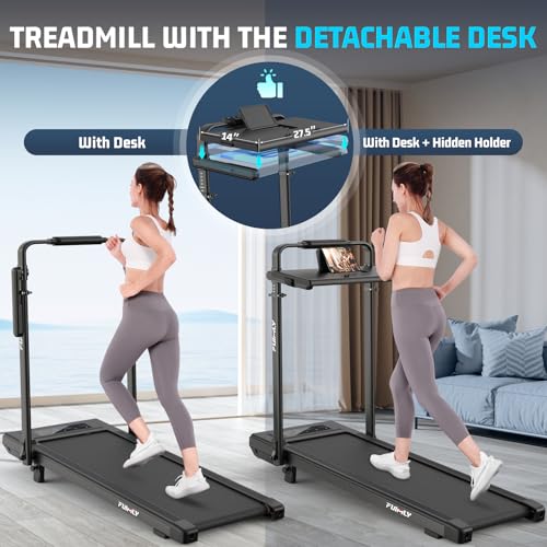 FUNMILY Deep Black Foldable Under Desk Treadmill with 15% Incline & Removable Desk