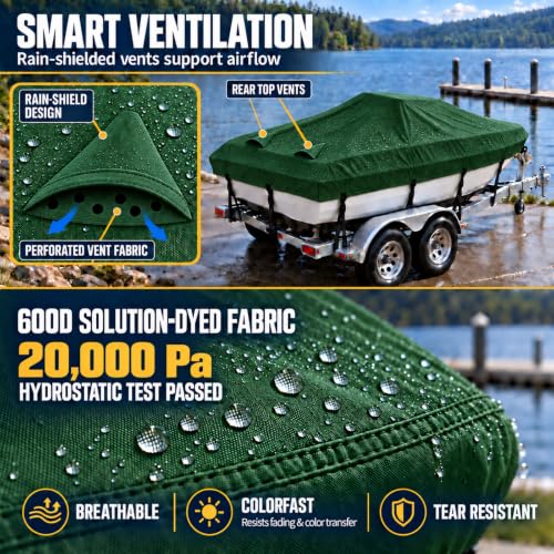 MSC Waterproof Boat Cover for V-Hull & Tri-Hull Boats, Model D, 17'-19', Up to 96" Beam, Forest Green