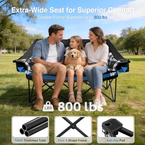 Oversized Double Camping Chair with Padded Seat & 2-in-1 Drink Cooler - Black