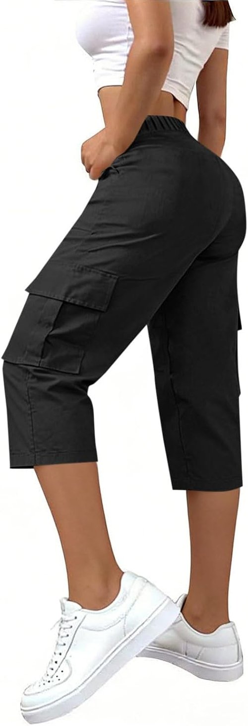LRMQS Cargo Capris for Women - Summer Casual Loose Pants with Pockets | Plus Size High-Waisted Cropped Style