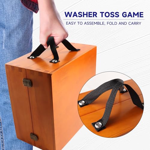 GSE Washer Toss Game Set with Oak Finish - Outdoor Lawn Game with 8 Washers & Bottle Opener - Portable Backyard Fun