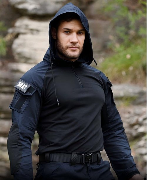 HAN·WILD Men's Tactical Combat Shirt - Long Sleeve Camo Military T-Shirt with Elbow Pads & Hood