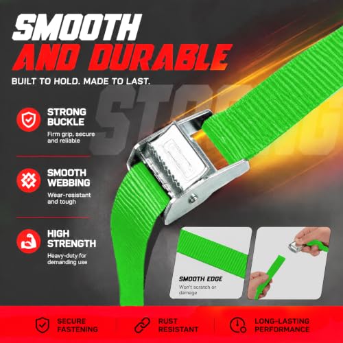 Heavy Duty Cam Buckle Tie Down Straps - Green 6-Pack, 1" x 12FT