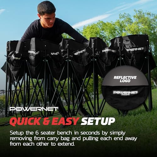 PowerNet 6-Seater Team Bench Black with Backpack Carry Bag - Portable Sports Seating for Soccer Football Basketball Practice & Games