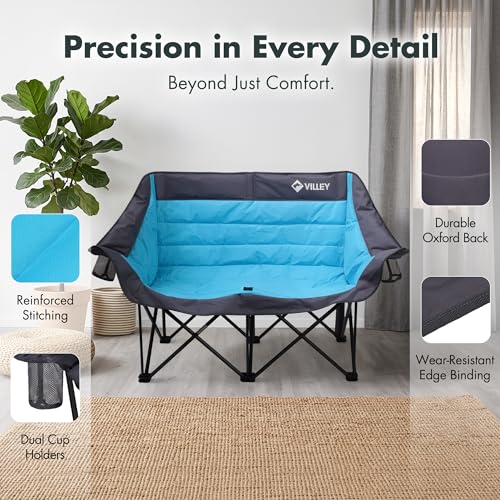 Blue Oversized Double Camping Chair, Heavy-Duty Folding Loveseat for Outdoor