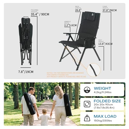 ARURU Black Aluminum Reclining Camping Chair with Adjustable High Back, Foldable Outdoor Lounge Seat for Adults