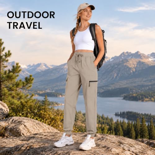 Women's Lightweight Cargo Hiking Pants with Pockets, Elastic Leg Opening, Large Size - Apricot