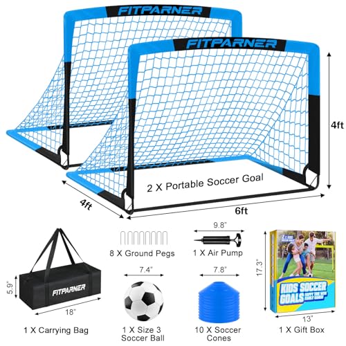 FITPARNER Kids Soccer Goals Set 6x4 FT Blue/Black Portable Pop Up Nets with Ball & Cones