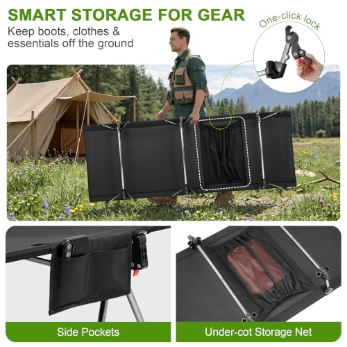 Height Adjustable Camping Cot - Heavy-Duty Aluminum Frame, 75"L x 27.5"W, Black