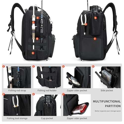 Fishing Tackle Backpack with Rod Holders & 4 Tackle Boxes - Black, 1600D Nylon