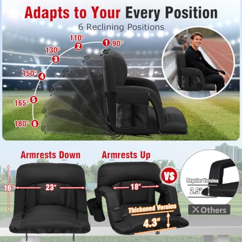 Suteck Heated Stadium Seat with Back Support - 23" Wide, Black, with Remote & Storage