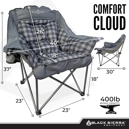 Black Sierra XL Padded Camping Chair - Heavy Duty Folding Seat with Cup Holders - Black & Grey