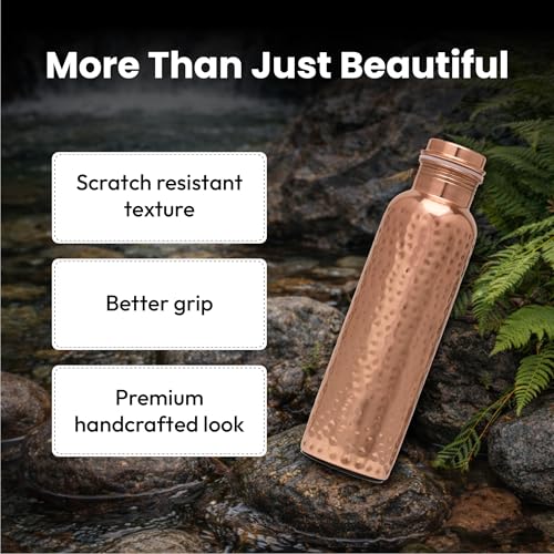 Pure Copper Water Bottle 34 Oz with Cleaning Brush & Bag - Handcrafted Hammered Finish