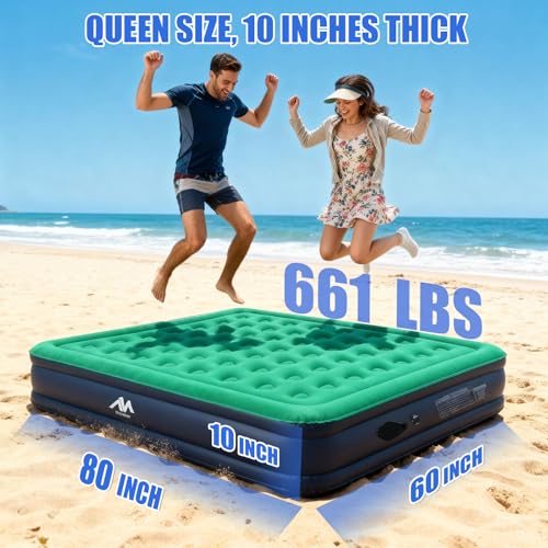 10-Inch Queen Camping Air Mattress with Rechargeable Pump - Portable Inflatable Bed for Tents, Outdoors & Guests