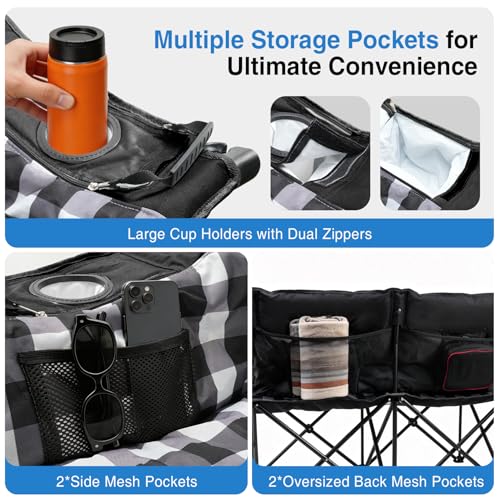 Oversized Double Camping Chair with Padded Seat & 2-in-1 Drink Cooler - Black