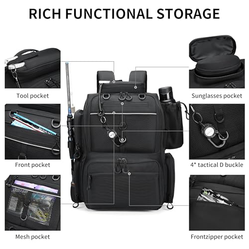 Fishing Tackle Backpack with Rod Holders & 4 Tackle Boxes - Black, 1600D Nylon