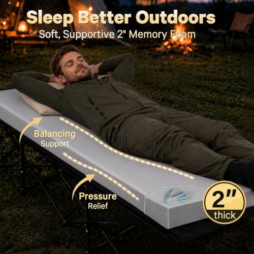 Grey Camping Cot Pad 2-Inch Memory Foam for Folding Cots - Portable, Waterproof, Non-Slip