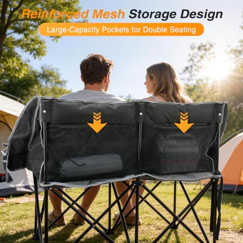 Heavy Duty Double Camping Chair - 660lbs Capacity, Foldable 2 Person Outdoor Seat - Black Gray
