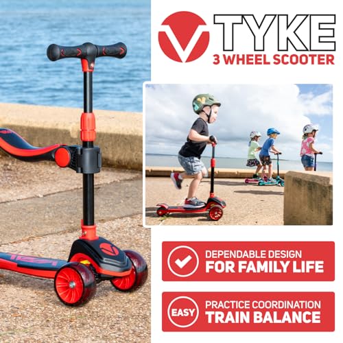 Vital Tyke 3 Wheel Toddler Scooter with LED Wheels - Foldable, Adjustable Handlebar & Removable Seat for Kids 3-7, Up to 110lbs - Red