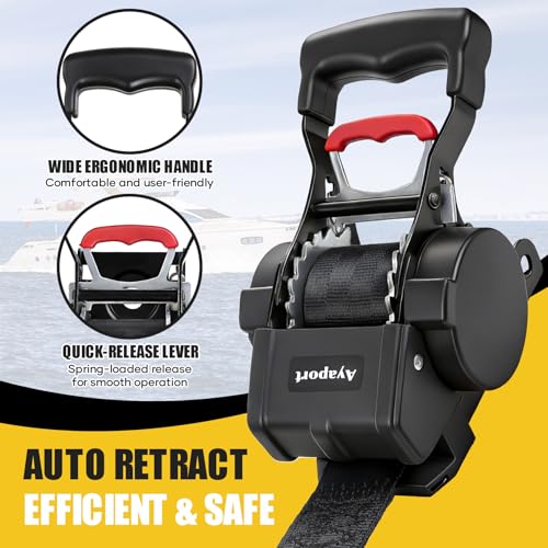 Heavy Duty Retractable Boat Tie Down Straps - Black, 1.75in x 6ft