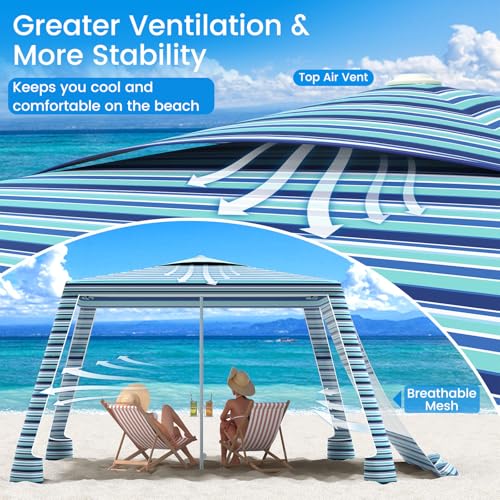 MoKo Blue-Green Stripe 8x8ft Beach Canopy with Side Wall, UPF 50+ Sun Shelter, Wind-Resistant Sun Tent for Family