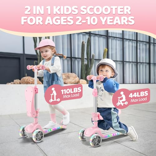 AODI Light Pink 2-in-1 Kids Scooter with Seat, LED Light-Up Wheels & Adjustable Height