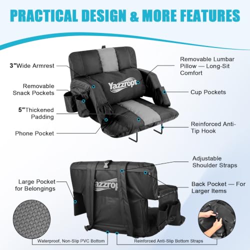 Grey 25in Portable Stadium Seat with Back Support & Cup Holder – Extra Thick Padding, 6 Adjustable Backrest Positions, Lumbar Pillow & Storage Pockets – 1-Pack
