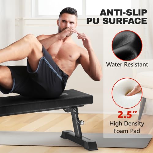 BlackPear Foldable Flat Weight Bench - Heavy Duty 1300LBS Capacity, Adjustable & Stable, Black