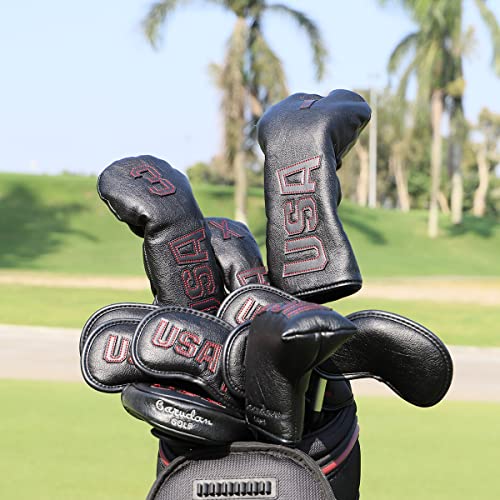 Golf Club Head Cover Set Red for 2-7 and 3/4/5/7 Wood & Hybrid Clubs - Leather