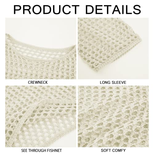 Women's Crochet Crop Top with Long Sleeves Mesh Fishnet Summer Cover Up - Small White