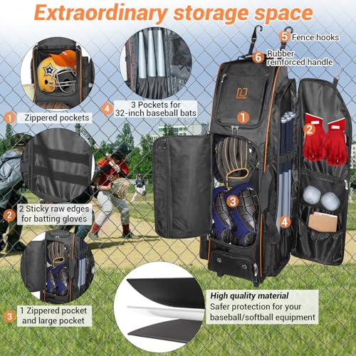Rolling Baseball Catchers Gear Bag - 71-80L with Wheels, Shoe & Helmet Compartments, Water-Resistant, Orange, 10.63"x10.63"x38.58"