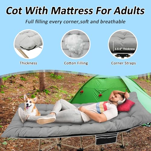HABUTWAY Light Grey Folding Camping Cot for Adults, 75"x28", 600lbs Capacity, with Mattress & Carry Bag